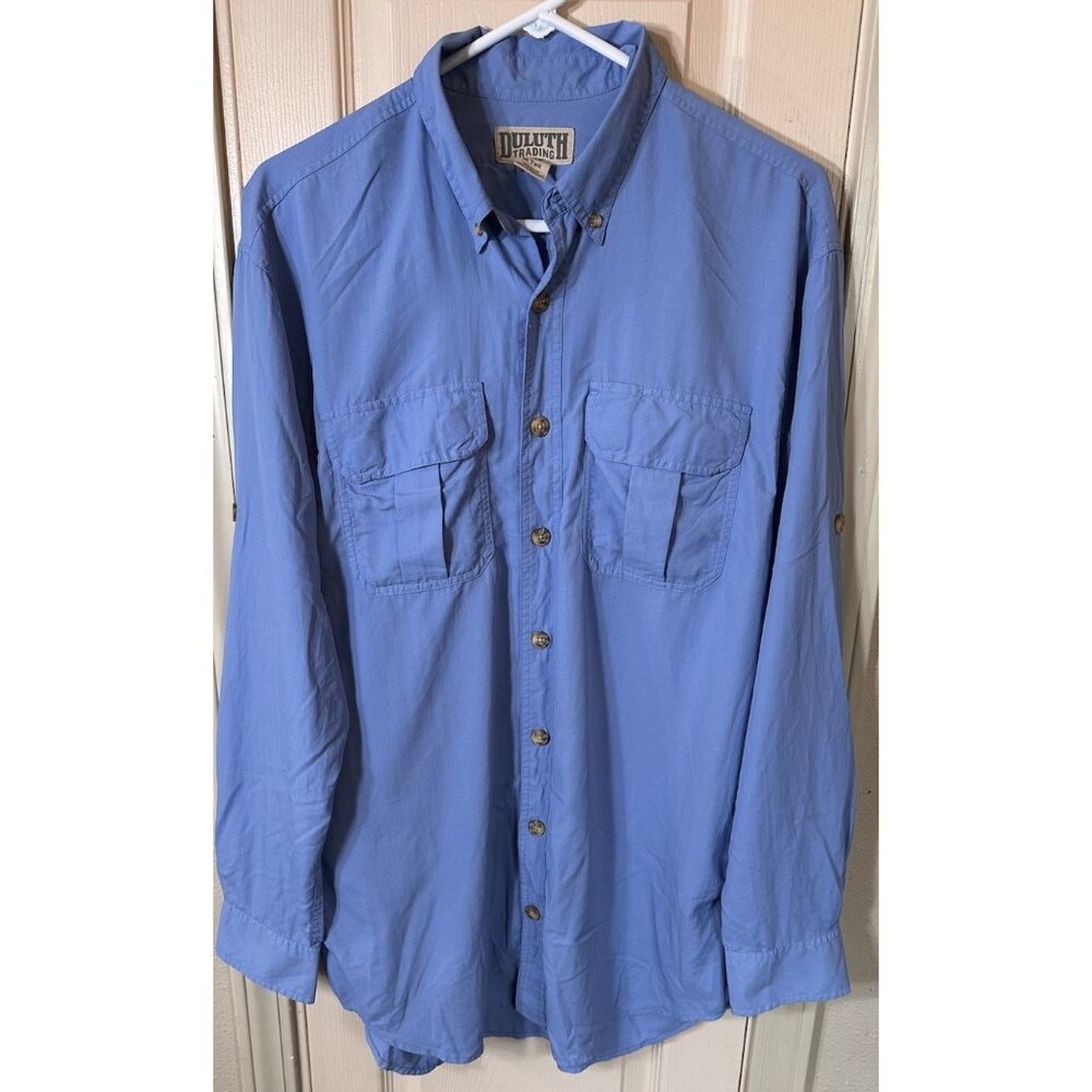 Duluth Trading Co. Mens Med Tall Blue Long Sleeve Full Button Shirt